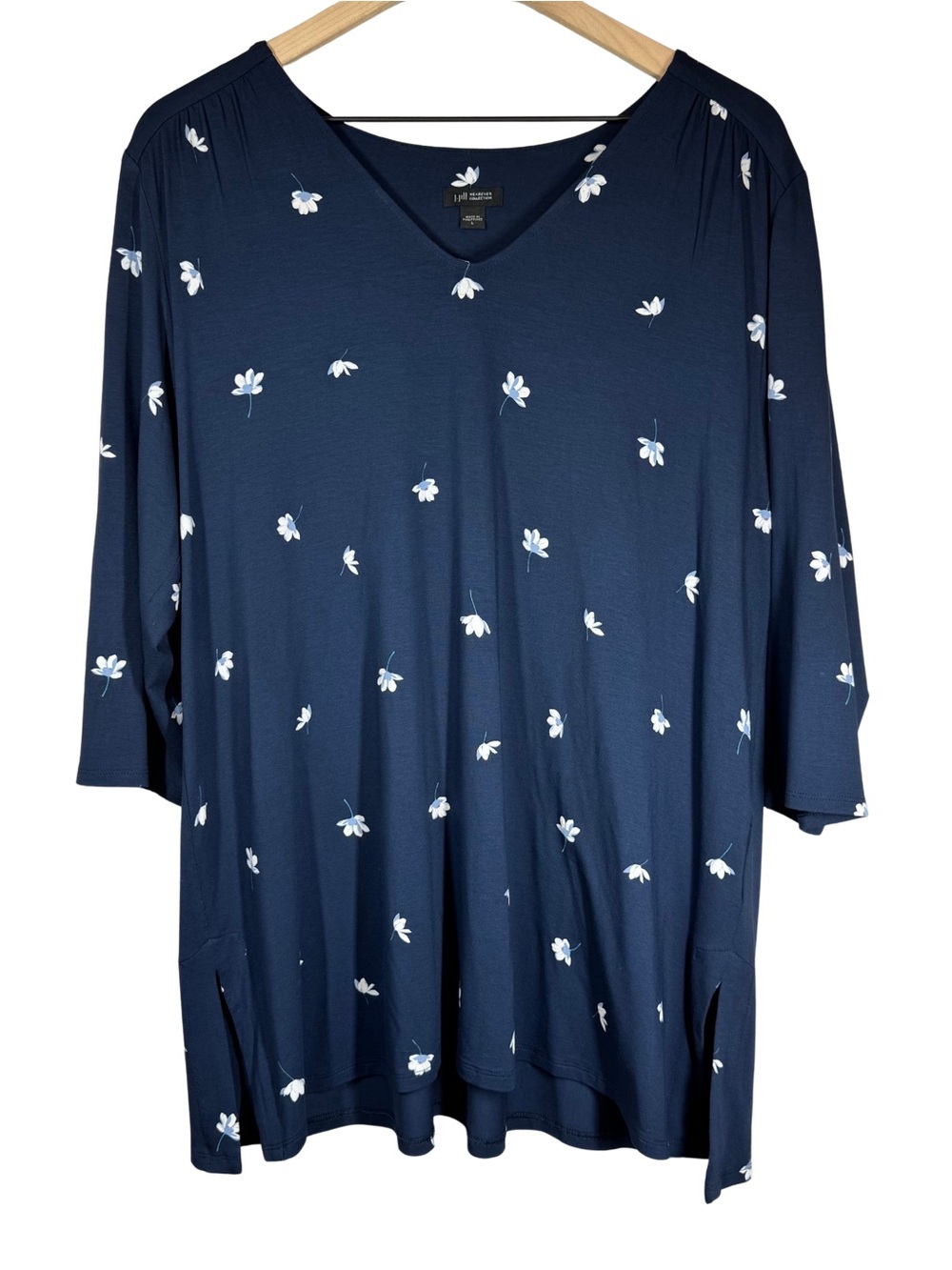 J. Jill LARGE Wearever Tunic Top Navy Floral 3/4 Sleeve Rayon Shirred V-Neck